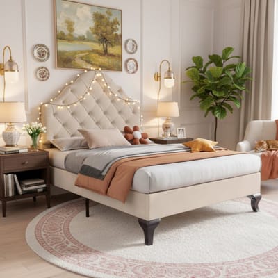 Eenpersoonsbed - 90x200 cm - met Verstelbaar Hoofdbord - Lattenbodem - Fluweel - Beige