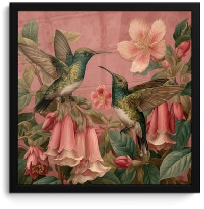 Poster in lijst - Fotolijst 40x40 cm - Posters - Kolibries - Bloemen - Groen - Roze - Posterlijst zwart - Decoratie - Wanddecoratie woonkamer - Muurdecoratie slaapkamer