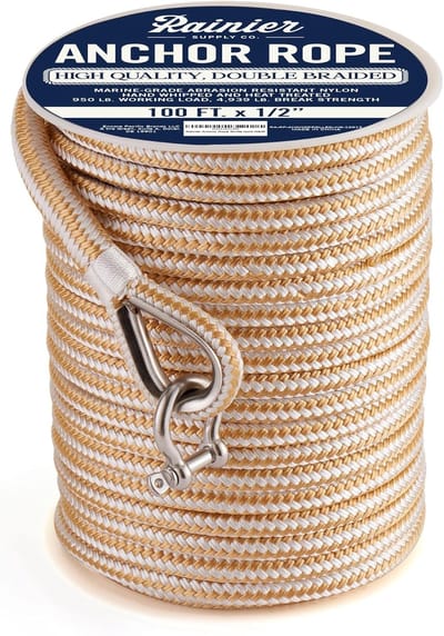 Dubbel Gevlochten Nylon Ankerlijn - 100ft x 1/2" - Marine Grade Boot Touw met Roestvrijstalen Vingerhoed en Snap Hook - Wit/Goud