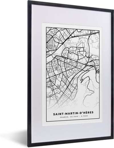 Fotolijst incl. Poster Zwart Wit- Stadskaart – Plattegrond – Kaart – Saint-Martin-d'Hères - Frankrijk - Zwart wit - 40x60 cm - Posterlijst