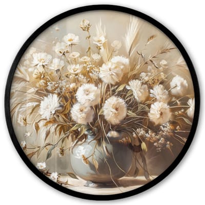 Poster in lijst Rond - Fotolijst 40x40 cm - Posters - Bloemen - Vaas - Stilleven - Beige - Ronde posterlijst zwart - Decoratie - Wanddecoratie woonkamer - Muurdecoratie slaapkamer