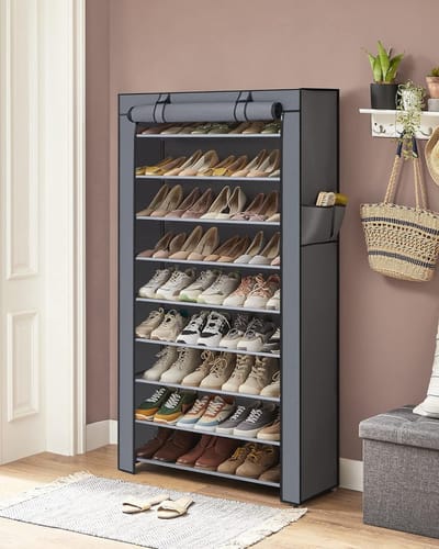 Schoenenrek met 10 niveaus, 28 x 88 x 160 cm, schoenenkast, schoenenopberger, met stofkap, schoenenopberger, voor hoge hakken, sportschoenen, metalen frame, grijs RXJ36G