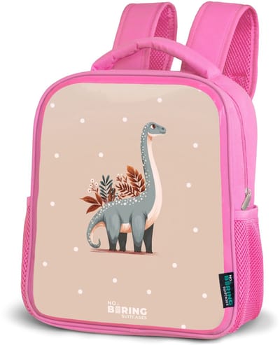 NoBoringSuitcases.com® - Rugzak roze - Schooltas meisjes - Blauwe dinosaurus op een beige stippenachtergrond - Kinder rugtas meisje - Boekentas kind - Kinderrugzak voor school - Schoolrugzak