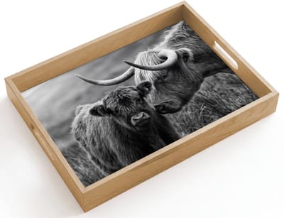 Dienblad hout 40x30 cm - Schootdienblad - Schotse hooglander - Kalf - Zwart - Wit - Borrelplank rechthoek - Plateau dienbladen