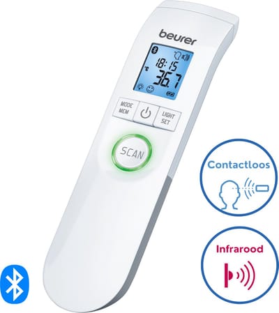 Beurer FT 95 Infraroodthermometer - Smartthermometer - Contactloos - LED temperatuur alarm - 60 geheugenplaatsen - Geschikt voor baby's en kinderen - Medisch gecertificeerd - Incl. batterijen & opbergbox - 5 jaar garantie - Wit