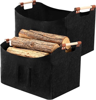 Dailygoods- Haardhoutmand set van 2 - Houten handgrepen - 60 x 40 x 40 cm - Donkergrijs - Opbergmand - Vilt materiaal