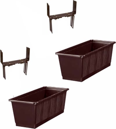 Set van 2 kunststof plantenbakken bruin rechthoekig 40 cm met 4 verstelbare balkon/muurbeugels