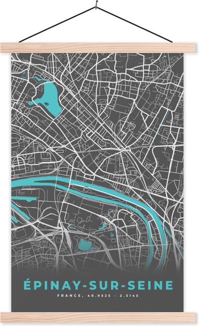 Posterhanger incl. Poster 40x60 cm - Schoolplaat - Frankrijk – Épinay-sur-Seine – Stadskaart – Plattegrond – Kaart - Textielposter - Blanke latten - Stadskaart