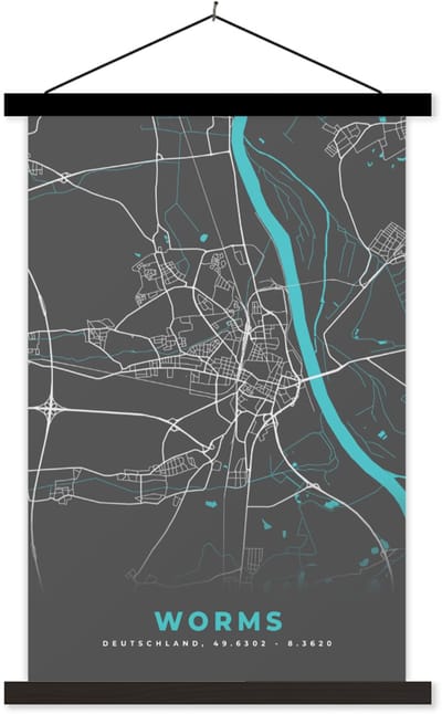 Posterhanger incl. Poster 60x90 cm - Schoolplaat - Stadskaart – Worms – Duitsland – Plattegrond – Kaart - Textielposter - Zwarte latten - Stadskaart