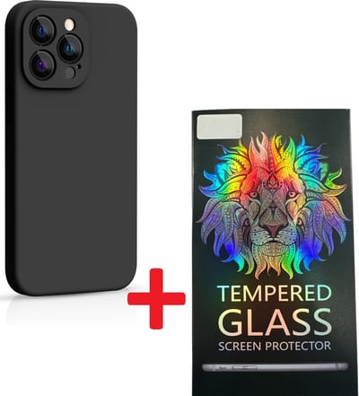 Solid hoesje Soft Touch Liquid Silicone + 1X Screenprotector Tempered Glass [Camera all-round bescherming] - Geschikt voor: iPhone 15 Pro Max - Zwart