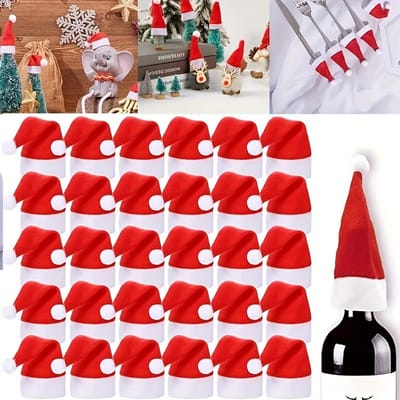VANDAAG VERZONDEN - Bestekzakjes 15 stuks - Decoratie Kerstdiner - Kerstmutsen - Bestekhouder - Kersttafel - Wijfles Kerstmuts