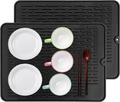 Afdruipmat van siliconen 40 x 30 cm zwart - hittebestendig - antislip - servies afdruipmat - gootsteenmat - bestek en glazen - 2 stuks