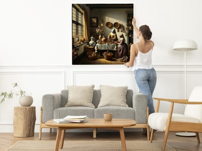 Modern vermeer schilderij | Hedendaagse kunst: een eigentijdse interpretatie van Vermeer's meesterwerken | Kunst - 100x100 centimeter op Dibond | Foto op Dibond