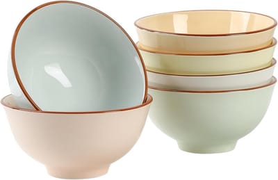 Set van 6 Kleurige Keramische Kommen - Ideaal voor Soep, Salade, Ramen en Oatmeal - Magnetron- en Vaatwasserbestendig