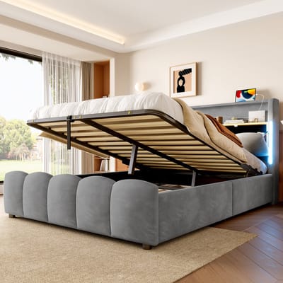 Gestoffeerd bed 140 x 200 cm - met LED-verlichting - met opbergruimte - met USB- en Type-C-poort - grijs - zonder matras