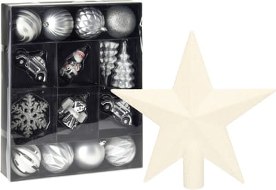 Christmas Decoration Kerstballen en ornamenten - incl. ster piek - zilver/wit - kunststof