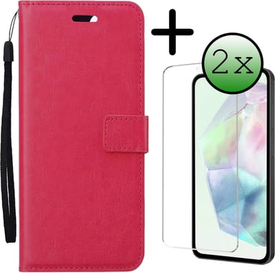 Hoesje Met 2x Screenprotector - Geschikt voor Samsung Galaxy A35 - Luxe Pasjeshouder - Bookcase Portemonee - Flip Case - Kunstleer Book Case - Flipcase Hoes - Book Cover - Walletcase - Portemonneehoes - Donkerroze