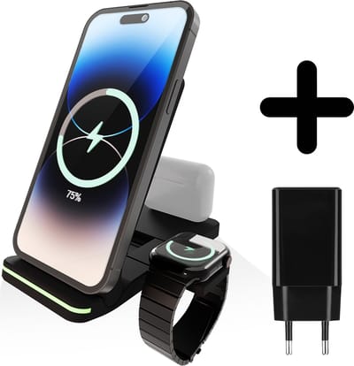 3 in 1 Foldable Wireless Charger geschikt voor Apple iPhone / Apple Watch / AirPods - Oplader draadloos - iPhone Oplader met kabel - USB A naar USB C - Opvouwbaar Docking station - Vouwbaar Oplaadstation - GSM lader Qi station met adapter