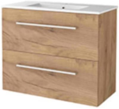 Basic-Line Start 39 Badkamermeubelset - Ondiep - 80 x 39 cm - Met Grepen - 2 Lades - Keramische Wastafel - 1 Kraangat - Whisky Oak