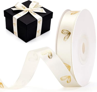 13mm Satijnen Lint in Ivoor Wit met Gouden Folie Hart: Decoratief Cadeaulint, 18 m Lint voor Creatieve Projecten, Versiering voor Valentijnsdag en Bruiloften