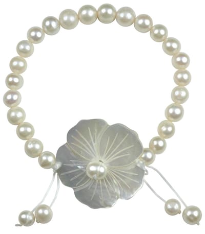 Zoetwater parel armband Flower - echte parels - parelmoer - wit - grijs - elastisch - bloem - luxe sieraden zakje - parel armband dames - wit parel armband - elastisch parel armband - zoetwaterparel