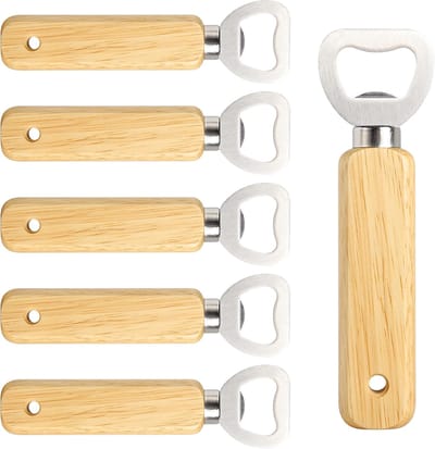 Graveerbare houten flesopeners, 6 stuks draagbare bieropeners met roestvrijstalen koppen en ophanggat - DIY gepersonaliseerd voor thuis, bar, feesten en geschenken