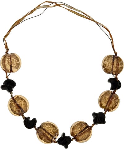 Behave - Middellange ketting met lint en bruine glaskralen - 68 cm - Bohemian sieraden