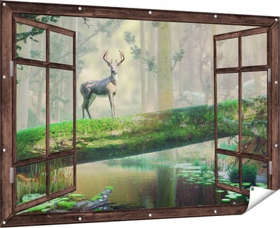 Gards Tuinposter Doorkijk Hert in het Bos op een Boom - 180x120 cm - Tuindoek - Tuindecoratie - Wanddecoratie buiten - Tuinschilderij