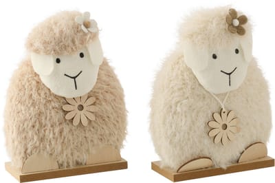 J-Line decoratie Schaap Bloem - polyester - wit/beige - small - set van 2