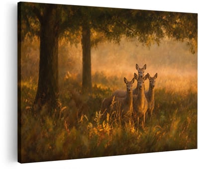 Artaza Canvas Schilderij Herten In Herfstbos - Zonsondergang Natuur - 120x80 cm - Groot - Wanddecoratie Woonkamer - Schilderijen - Muurdecoratie
