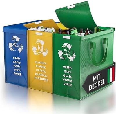 PromoHome 3-compartimenten prullenbak met deksel - afvalscheidingssysteem voor papier, glas en plastic - milieuvriendelijke recycling organizer - duurzame materialen - kleurrijke uitvoering