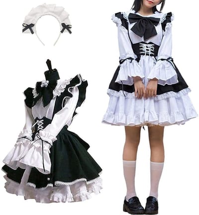 Lange jurk voor vrouwen met zwart-wit schort, ideaal voor cosplay en feestelijke gelegenheden in elk seizoen