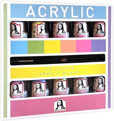 Monalisa acrylverfset met penseel. 10 pastelkleuren (krijtachtig) elk 40ml. Voor het schilderen op hout, steen, canvas, stof, metaal etc. Pastelkleuren 10 x 40ml