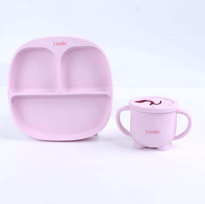 IL BAMBINI - 2-delige bpa-vrij siliconen Kinderservies Set lila/roze - Kinderbord en Snackbeker - Kraamcadeau - Babycadeau