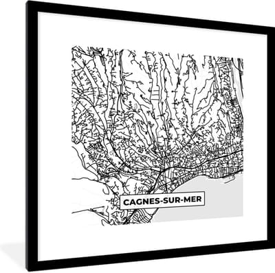 Fotolijst incl. Poster Zwart Wit- Stadskaart - Frankrijk - Kaart - Cagnes-sur-Mer - Plattegrond - Zwart wit - 40x40 cm - Posterlijst