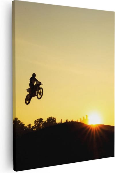 Artaza Canvas Schilderij Motor Sprong - 40x50 cm - Wanddecoratie Zon - Muurdecoratie Motorcross - Kamer Accessoires Silhouet