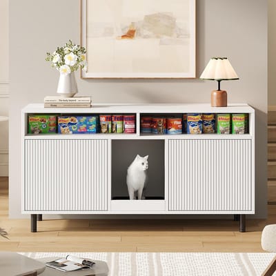 Pugsdrly Kattenbakmeubel/kattenbakmeubel met kattenbakmat, huisdiermeubel met plank, huisdierbuffet/tv-meubel, zonder kattenbak, 120 × 50 × 66 cm, wit