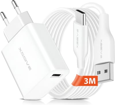 Quick Charge Set met Lange 3 Meter USB A naar USB-C Kabel - Oplader Telefoon, Tablet en Draadloze Oortjes