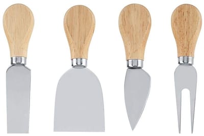 Dailygoods- Kaasmessen Set 4 Stuks - Roestvrij Stalen Messen - Houten Handvat - Kaasschop/Kaasvork - Rechthoekig/Hartvormig - Duurzaam en Lichtgewicht - Kaasgereedschap