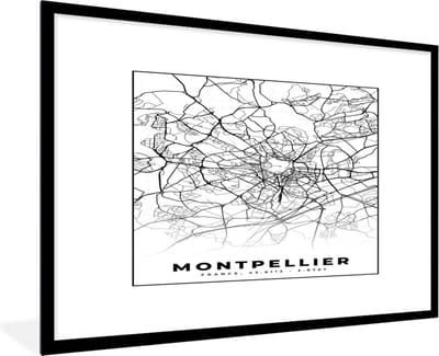 Fotolijst incl. Poster Zwart Wit- Stadskaart - Montpellier - Plattegrond - Kaart - Frankrijk - Zwart wit - 120x80 cm - Posterlijst