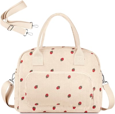 Geïsoleerde Lunchtas voor Werk, School, Picknick en Reizen - Grote Koeltas in Beige Aardbei met Corduroy Stof