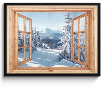 Poster in lijst - Fotolijst 70x50 cm - Posters - Doorkijk - Winterlandschap - Natuur - Berg - Bomen - Hout - Posterlijst zwart - Decoratie - Wanddecoratie woonkamer - Muurdecoratie slaapkamer