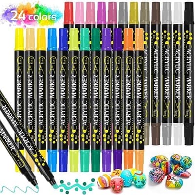 PromoHome Acrylstiften Set 24 Kleuren Dual Tip Permanente Markeerstiften voor Steen, Hout, Canvas, Glas, Papier, Keramiek, Paaseieren en DIY Projecten - Waterdichte Verfmarkers met Dubbele Punt