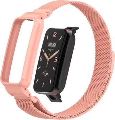 By Qubix - Milanese loop bandje met case - Roze - Geschikt voor Xiaomi Smart Band 7 Pro / Mi Band 7 Pro bandje