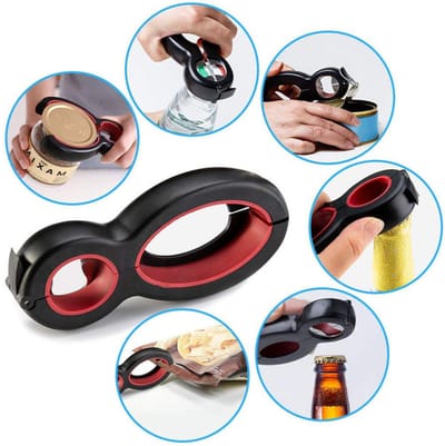 6-in-1 Allesopener - Potopener - Dekselopener - Multifunctionele opener - Flesopener - Blikopener - Reuma Hulp - Rood / Zwart