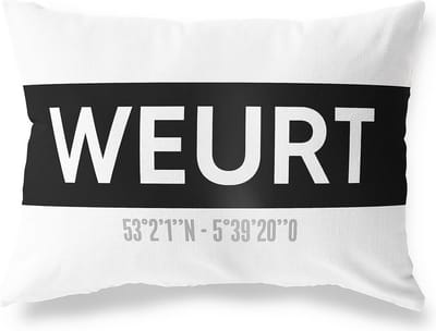 Tuinkussen WEURT - GELDERLAND met coördinaten - Buitenkussen - Bootkussen - Weerbestendig - Jouw Plaats - Studio216 - Modern - Zwart-Wit - 50x30cm