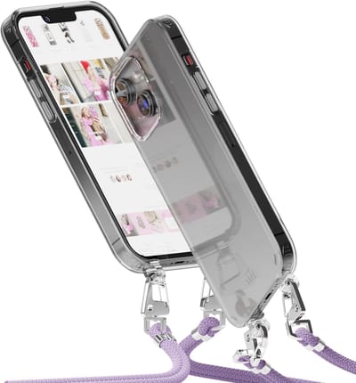 xoxo Wildhearts siliconen hoesje - Geschikt voor iPhone 14 - Telefoonhoesje - Hoesje met koord - telefoonkoord - Transparant hoesje - Paarse koord