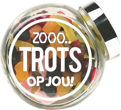 Snoeppot "Zooo Trots op jou" , gevuld met winegum mix - Bedankt - Geslaagd cadeau - Prestatie cadeautje - Snoep cadeau - Examen cadeau - Goed gedaan cadeau - Diploma cadeau