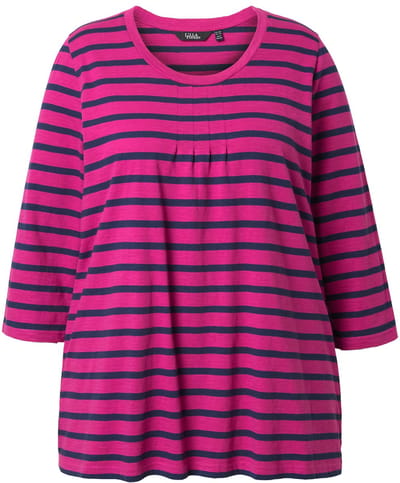 Ulla Popken - Dames - Shirt strepen A-lijn ronde hals sierplooien 3/4-mouwen - Zomerbes - Maat 42+