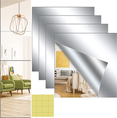 Set van 4 Zelfklevende Spiegels 20 x 20 cm - Flexibele Acryl Spiegels voor Wanddecoratie, DIY Decoratieve Spiegels, Draadloze Wandspiegels